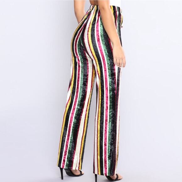 Fashion Nova Yeva Velvet Striped Straight Leg Multicolor Velvet Pants Sz M - Picture 10 of 12